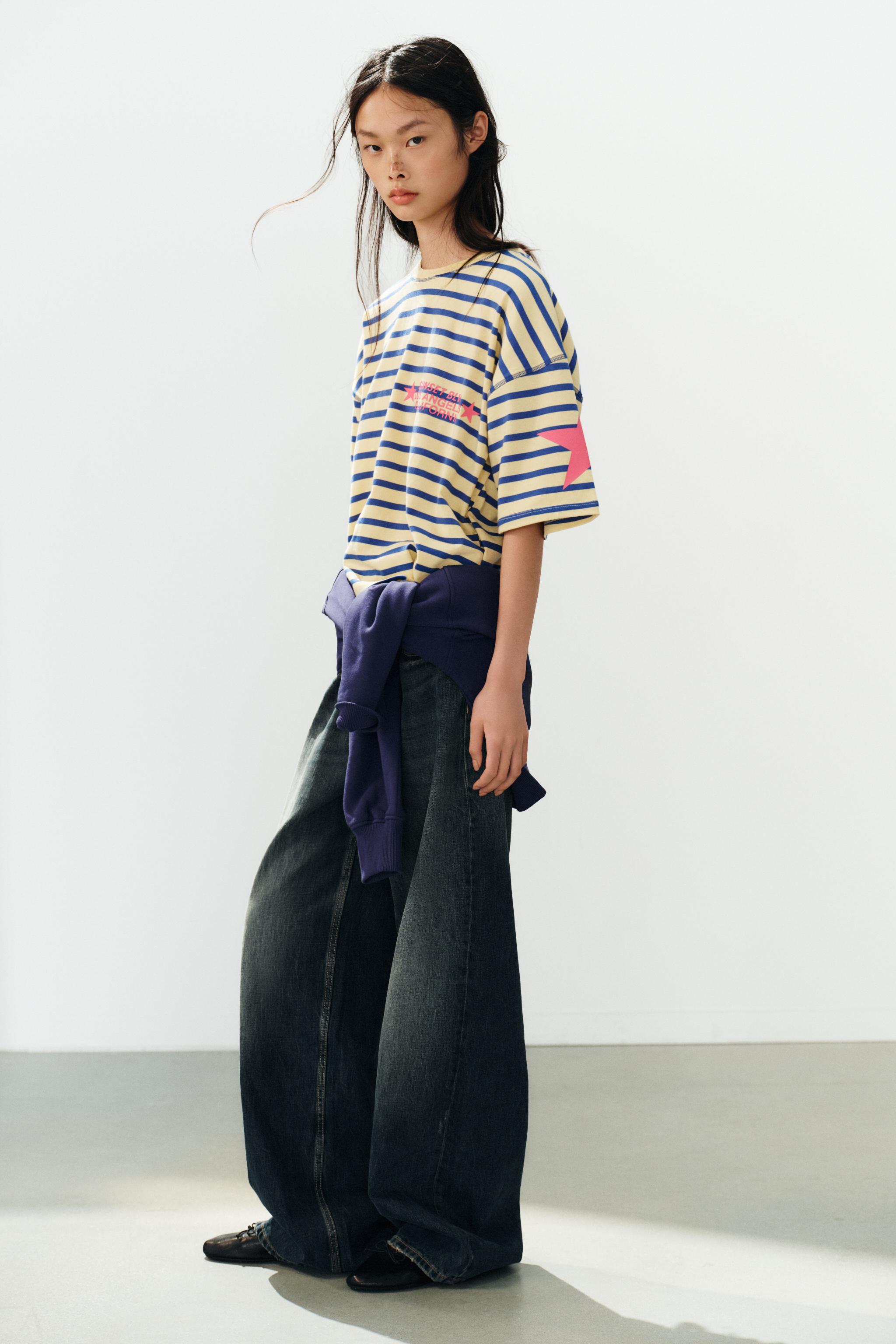 Zara ÇİZGİLİ VE YAZILI OVERSIZE T-SHIRT görsel 3