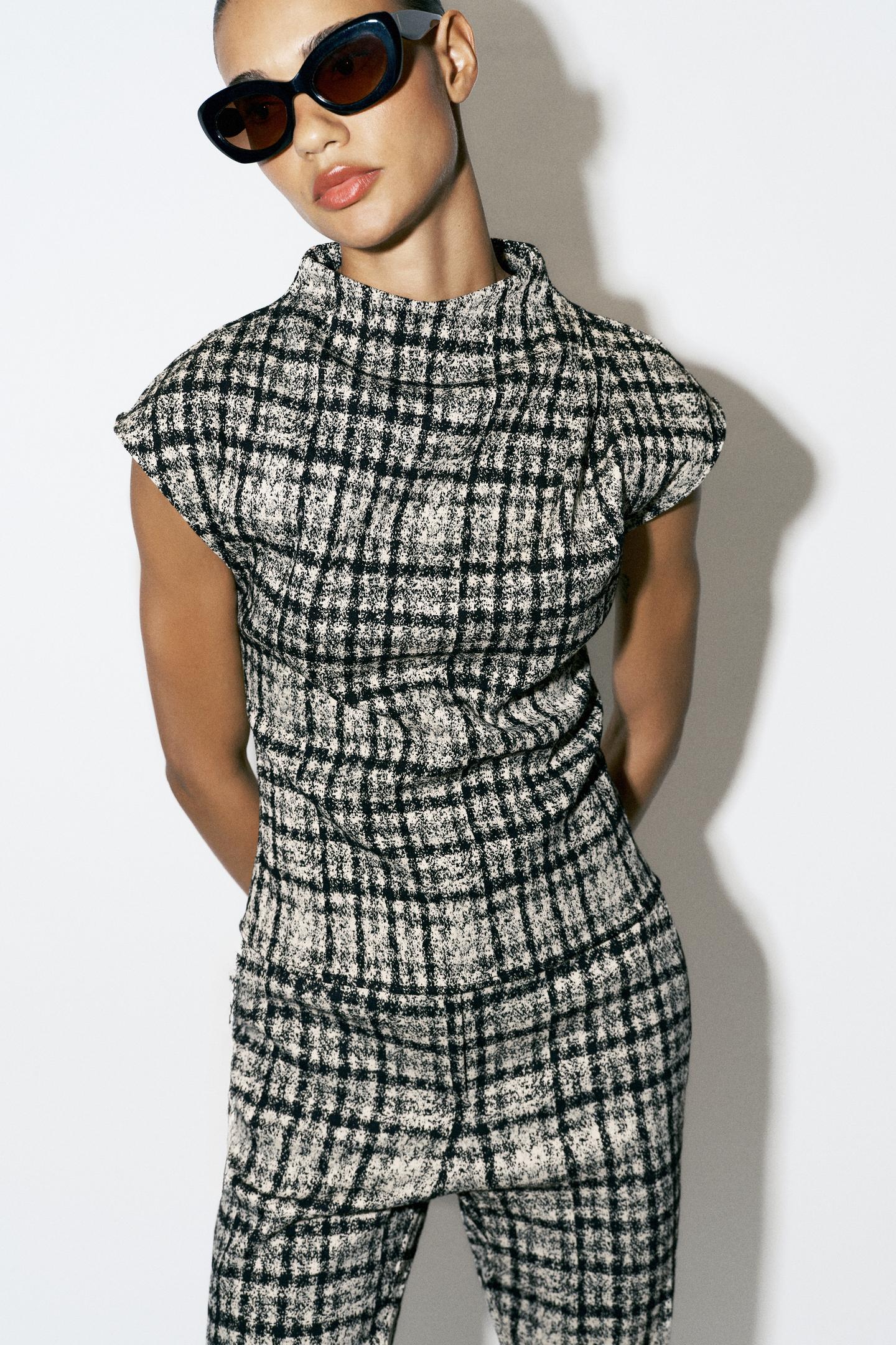 Женский топ Zara Check High Neck Top, цвет: Экрю / Чёрный — фото 2