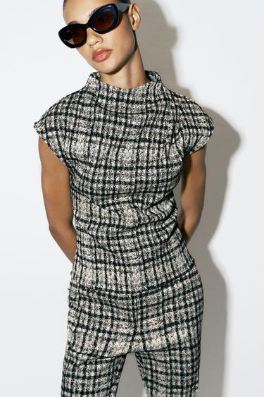 CHECK HIGH NECK TOP — Ecru / Black 1