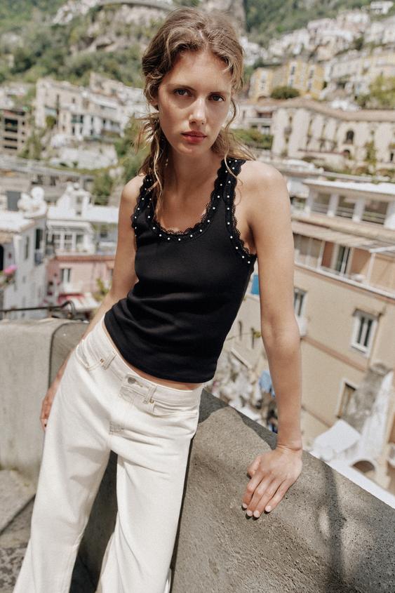 TOP PERLAS ENCAJE - Negro de Zara - Imagen 0