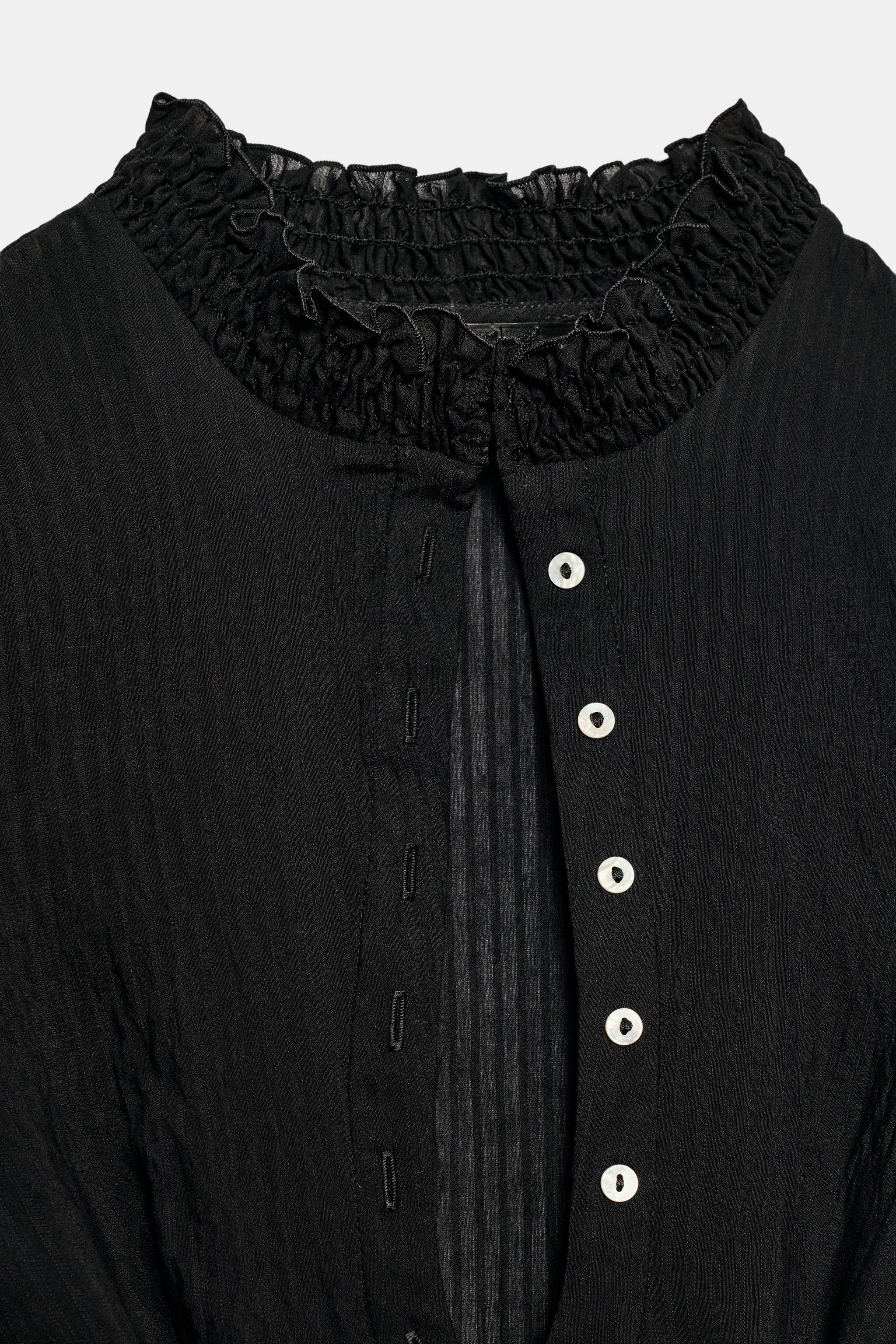 Женские рубашки Zara STRIPED HONEYCOMB RUFFLE SHIRT — фото 7