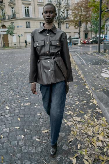 Zara FAUX LEATHER LONG BELTED JACKET - Brown