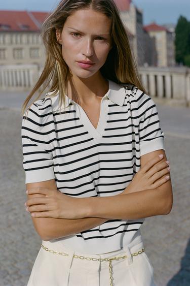 Zara STRIPED SHORT SLEEVE KNIT POLO - striped