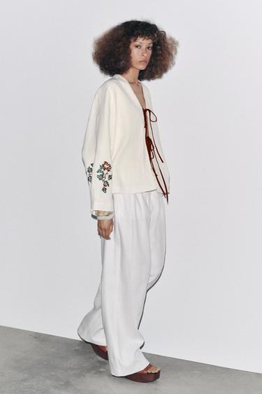 Zara 100% 亞麻刺繡和服袖外套 - 裸色 - 圖片 0