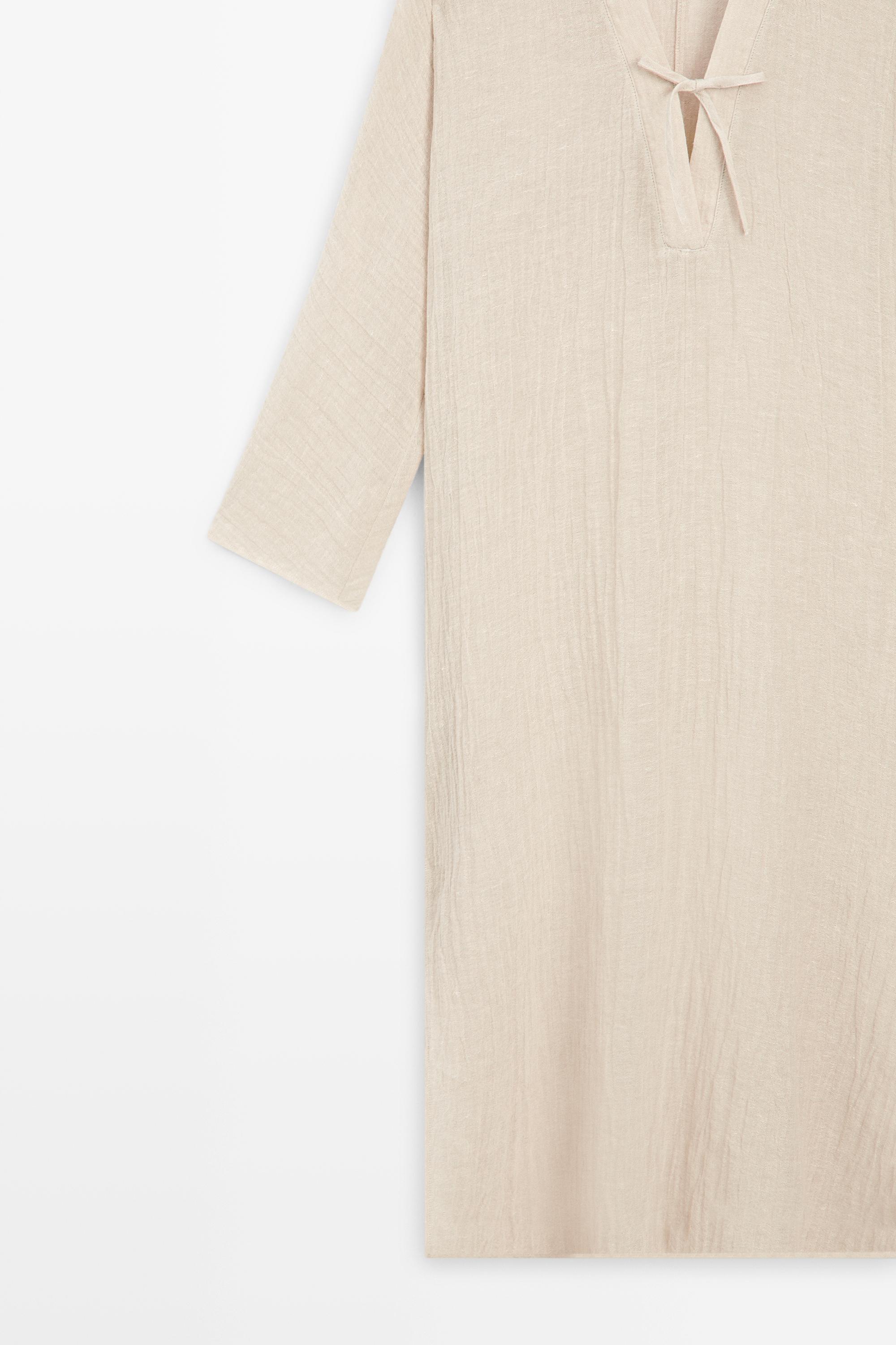 Linen blend kaftan dress with tied neckline