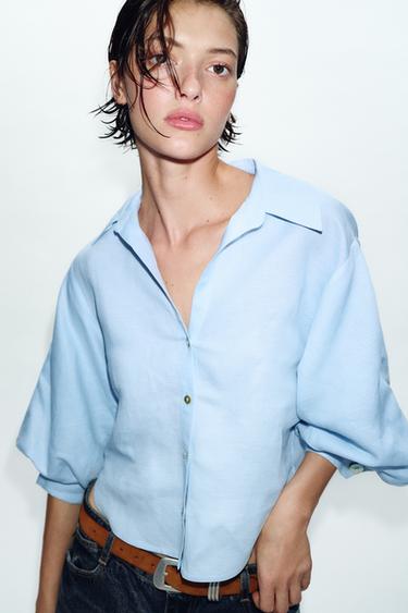 Zara LINEN BLEND PUFF SLEEVE SHIRT - Sky blue