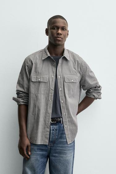 CAMISA CUADROS BOLSILLOS - Gris / Tostado de Zara