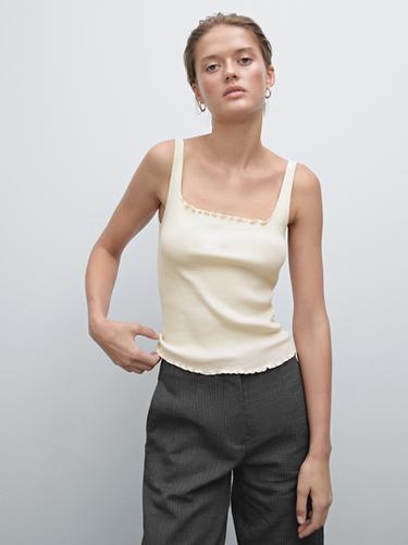 Zara 100% cotton ruffled ribbed top - Beige