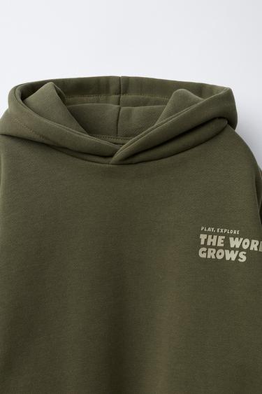 COLOUR BLOCK HOODIE WITH SLOGAN PRINT - Khaki by Zara - Image 2