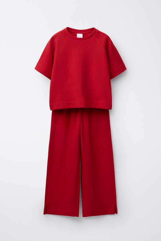 TOTAL LOOK BASIC RAGLAN SLEEVE T-SHIRT AND WIDE LEG INTERLOCK PANTS ...