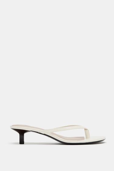 Zara LEATHER KITTEN HEEL SANDALS - White