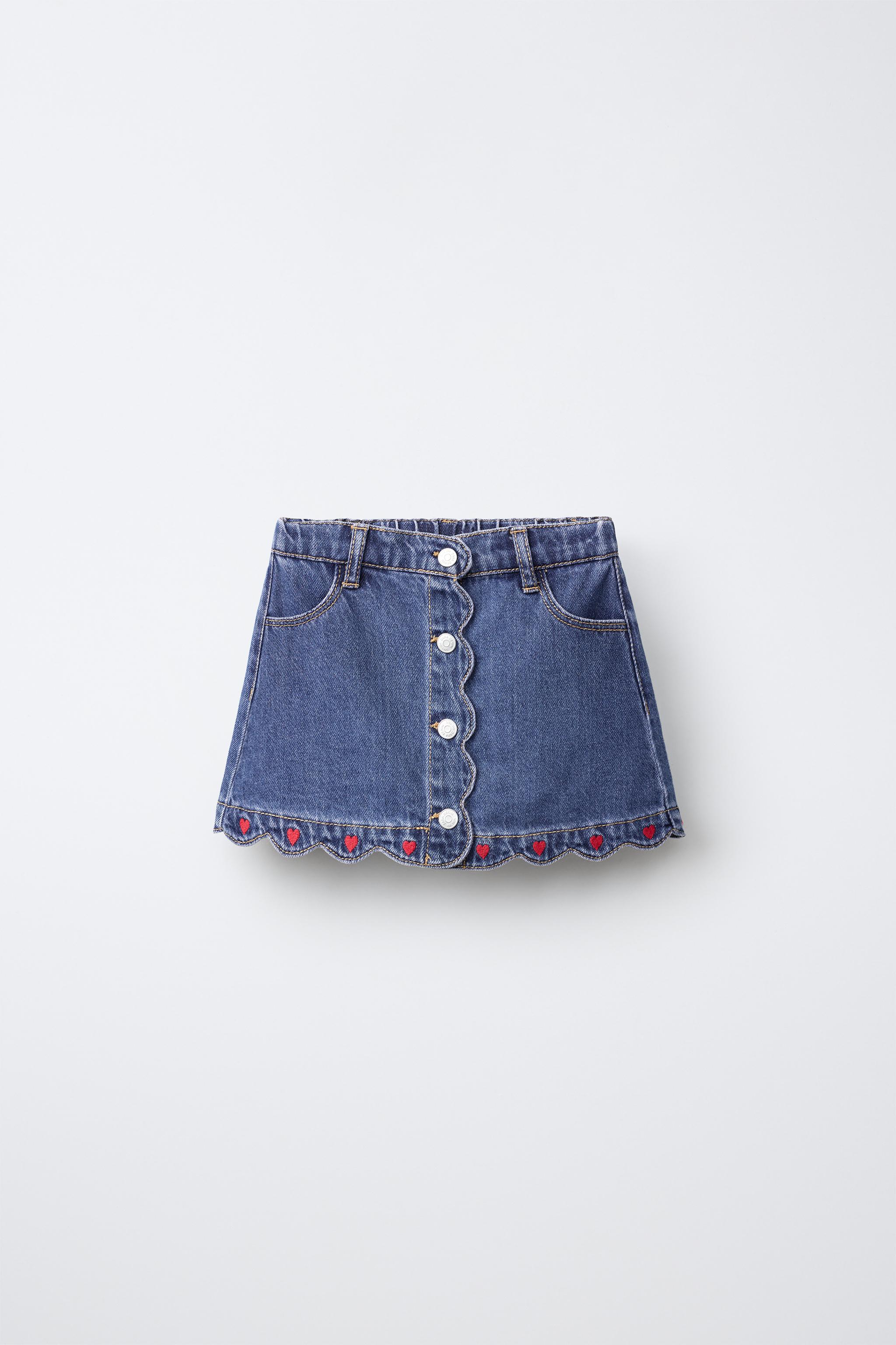 EMBROIDERED HEART DENIM SKIRT — Blue