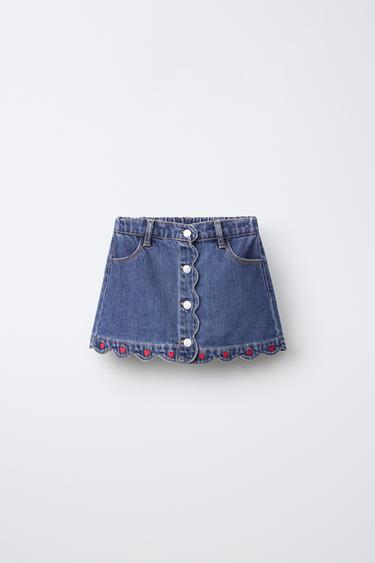 JUPE EN JEAN À CŒURS BRODÉS - Bleu de Zara