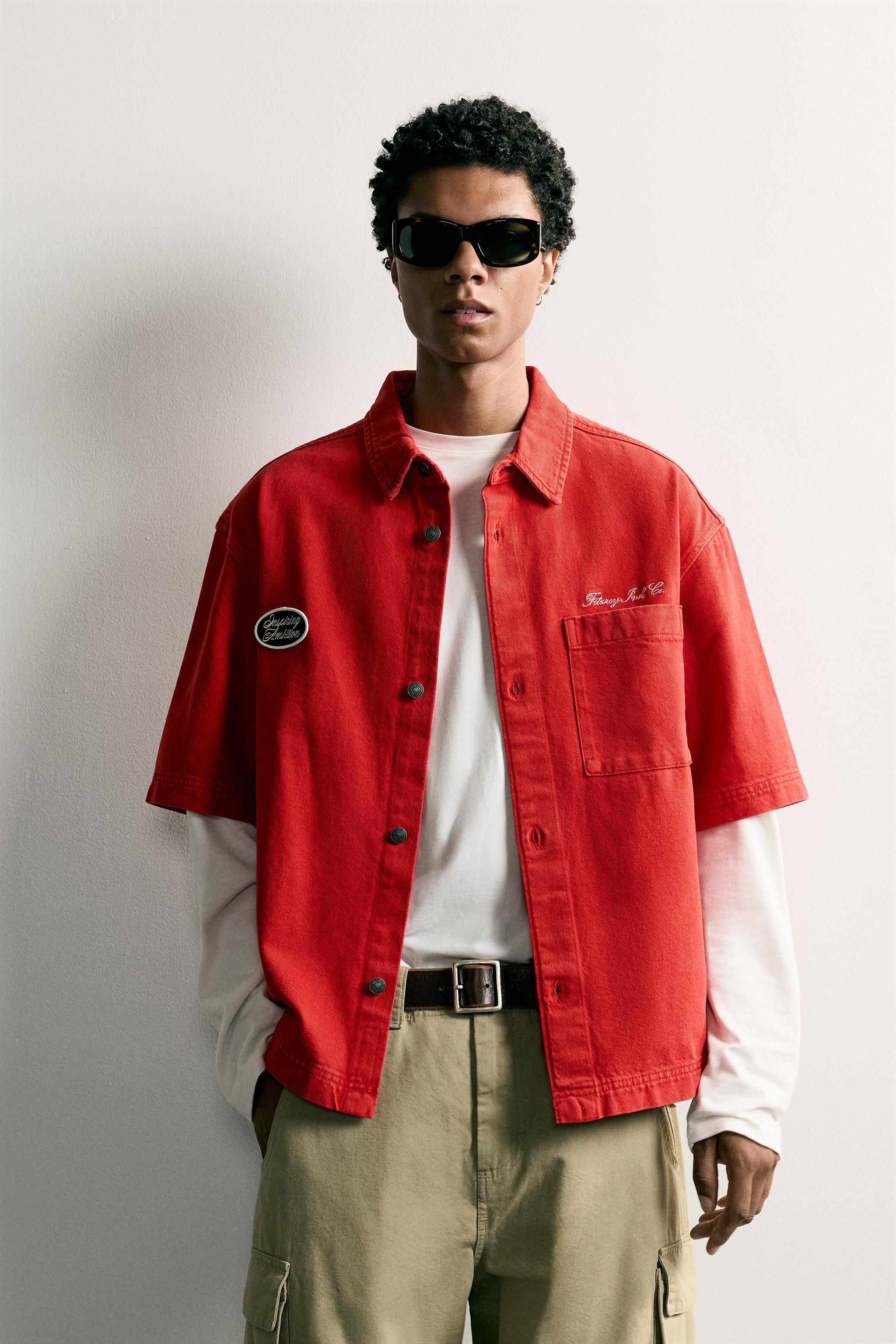 EMBROIDERED PATCH BOXY FIT OVERSHIRT — Red