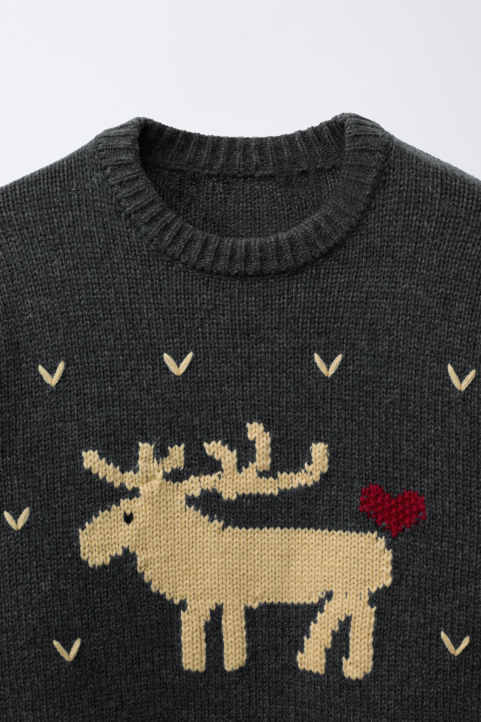 WOOL KNIT JUMPER EMBROIDERED REINDEER HEARTS