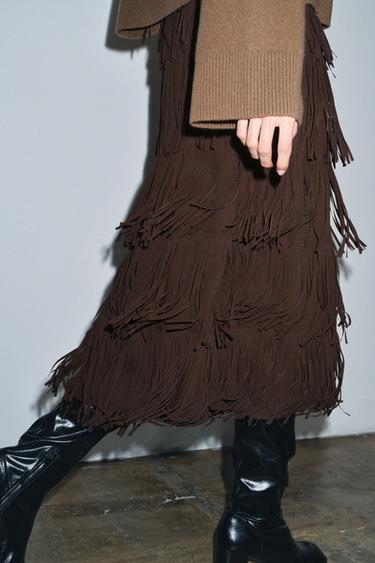 Zara ZW COLLECTION FRINGED PENCIL SKIRT - Brown