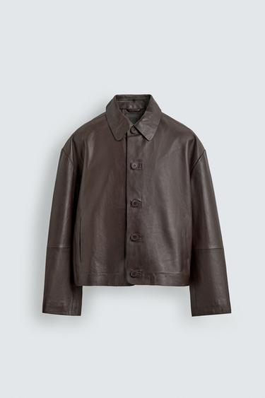 Zara 方版真皮夾克 - 巧克力色
