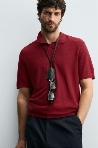 Zara TEXTURED KNIT POLO SHIRT - Bright red