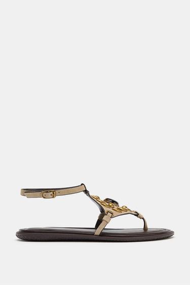 SANDÁLIA DE COURO COM MIÇANGAS - Marrom-areia da Zara - Imagem 0