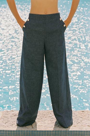 WIDE-LEG TROUSERS WITH BUTTONS AND LINEN - Light indigo by Zara - Image 1