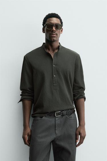 Zara WRINKLED EFFECT SHIRT - Dark khaki