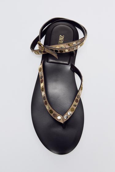 LEATHER SANDALS WITH STUDS - Beige by Zara