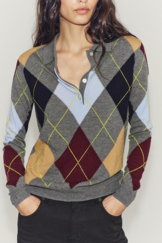 100% WOOL ARGYLE POLO JUMPER - Multicoloured by Zara - Image 1