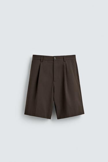 RELAXED FIT PLEATED BERMUDA SHORTS - Chocolate by Zara
