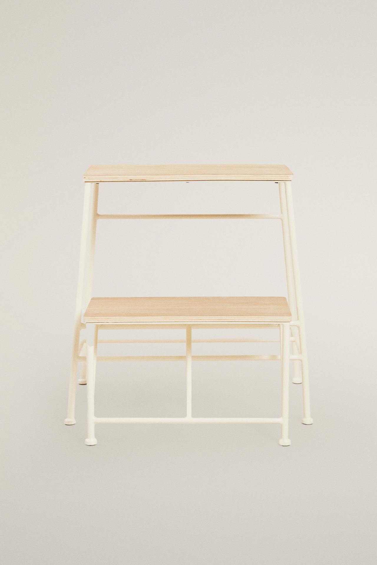 TWO-STEP WOODEN STEP STOOL — Light beige