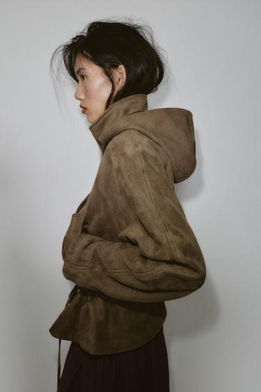 HOODED FAUX SUEDE JACKET - Light khaki by Zara - Image 4