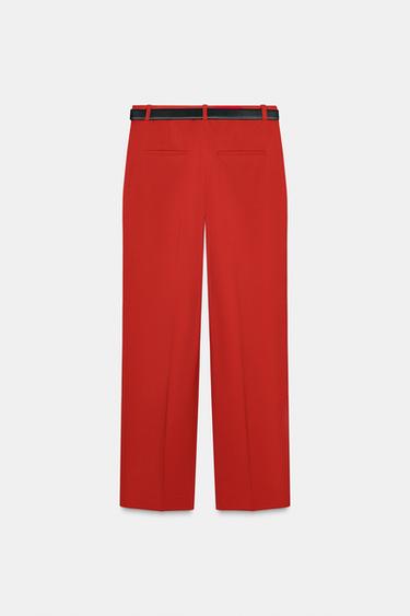 Zara STRAIGHT LEG BELTED PANTS - Dark red