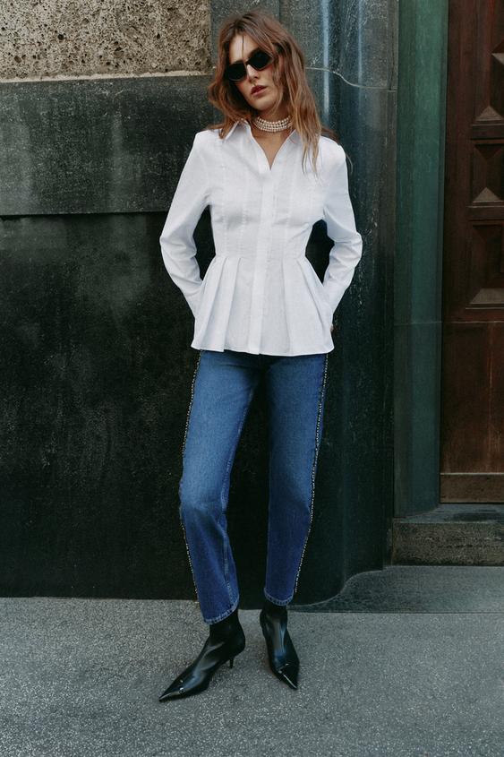 POPLIN SHIRT WITH PLEATS - White by Zara - Image 0