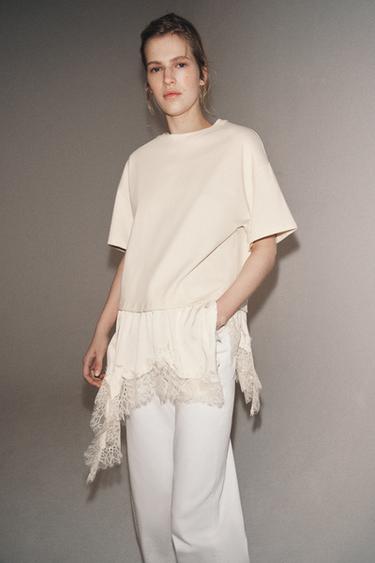 GECOMBINEERD T-SHIRT MET KANT - Ecru van Zara