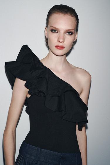 ASYMMETRIC CONTRAST RUFFLE BODYSUIT - Black by Zara - Image 1