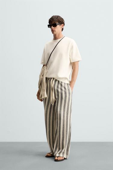 STRIPED JACQUARD TROUSERS - White / Navy by Zara - Image 0
