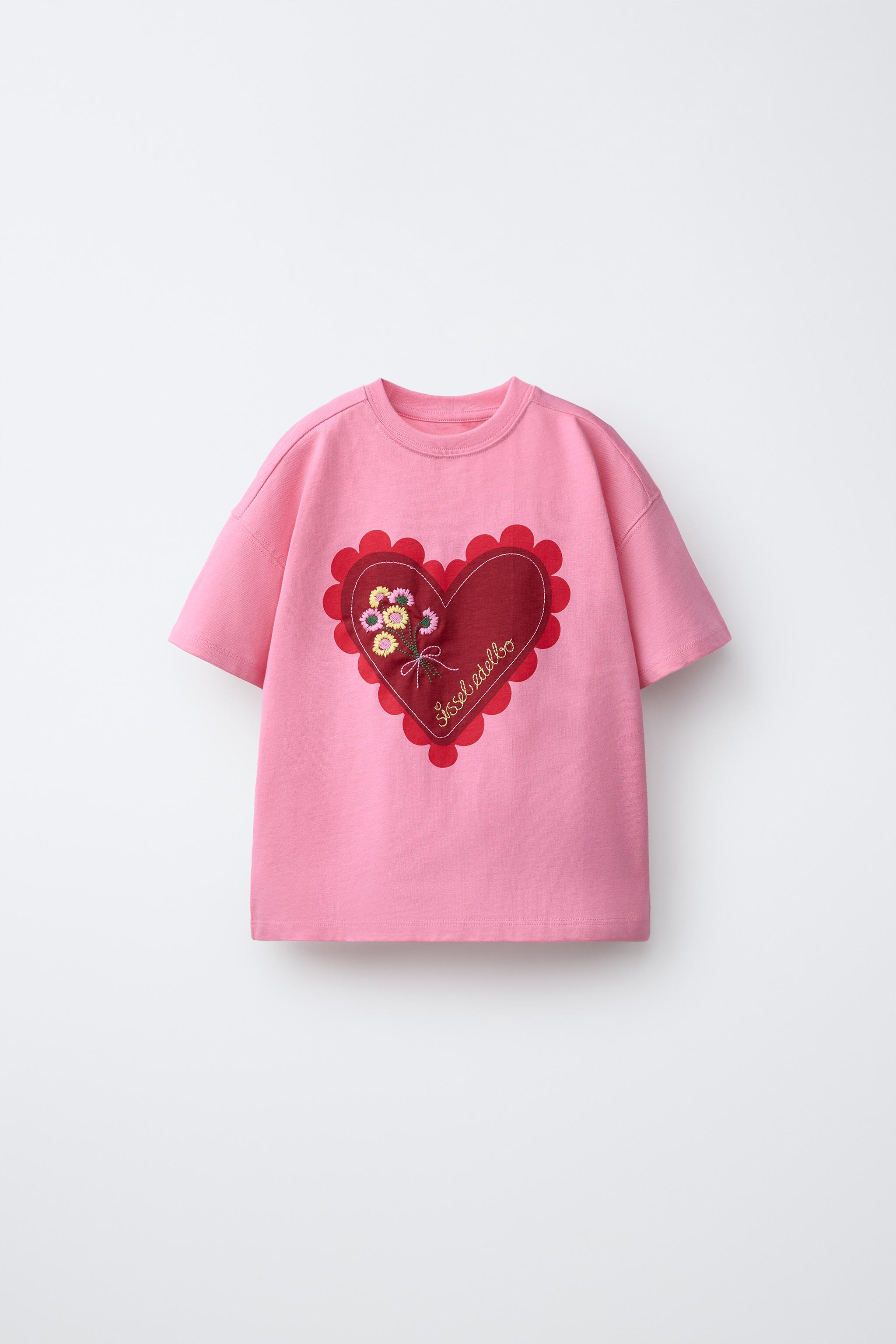 【新品未使用】ZARAキッズ ハートジャケット、スコート&ボウタイシャツ 164 SISSEL EDELBO X ZARA KIDS ハート刺繍Tシャツ - ピンク | ZARA Japan