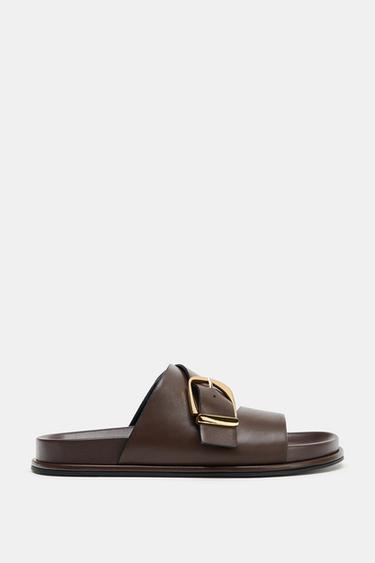 Zara METALLIC BUCKLE DETAIL SANDALS - Brown