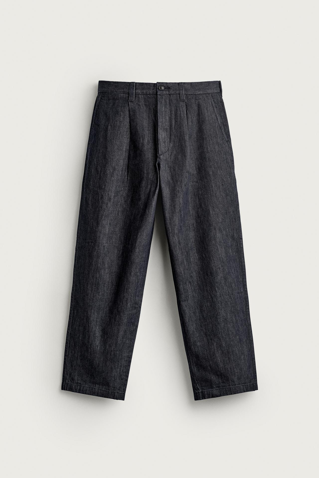 PLEATED DENIM CHINO PANTS — Indigo
