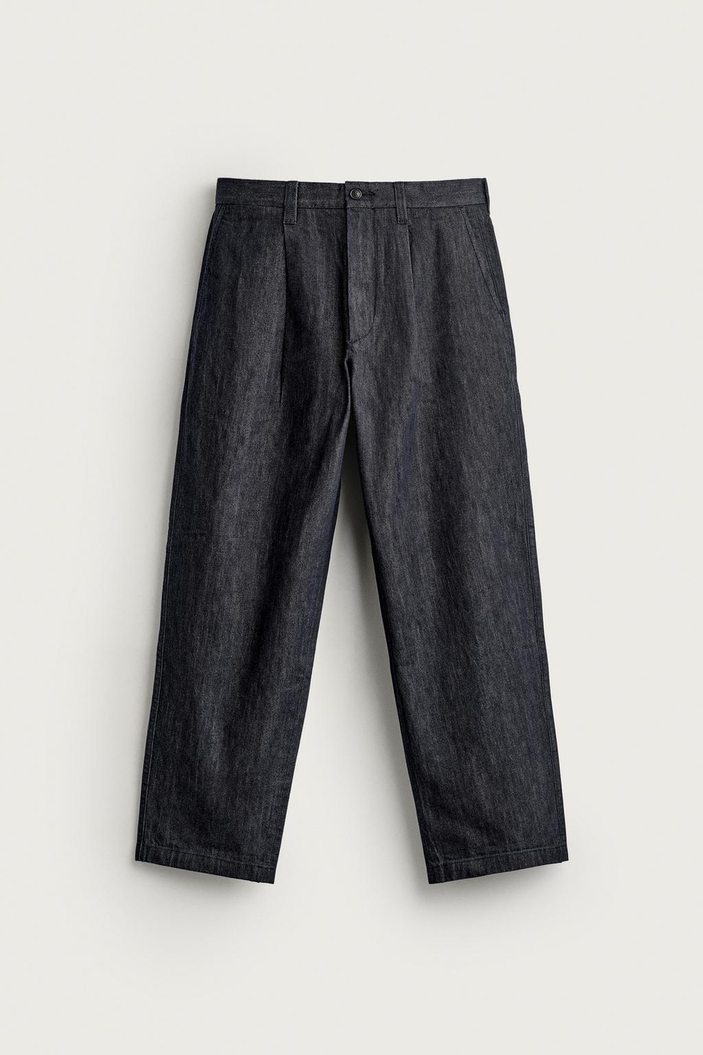 PLEATED DENIM CHINO TROUSERS