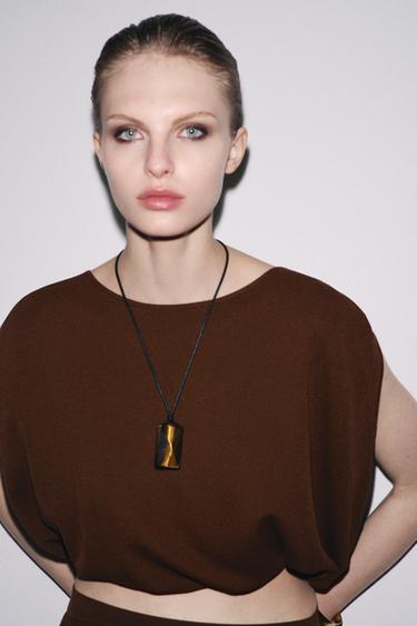 COLLIER LACET CUIR PIERRE - Marron de Zara