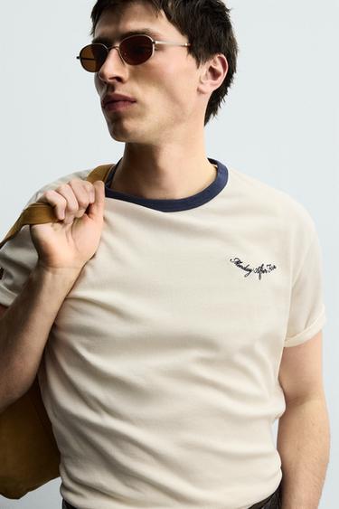 REGULAR FIT CONTRAST EMBROIDERED T-SHIRT - Ecru by Zara - Image 5