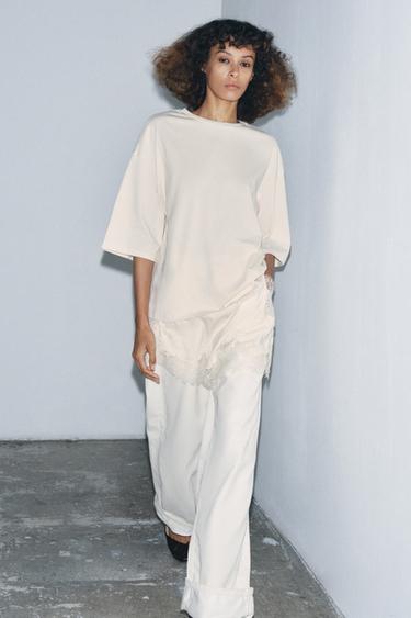 레이스 콤비 티셔츠 - Zara 크림