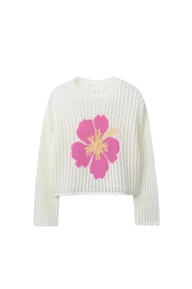 Zara HIBISCUS FLORAL KNIT JUMPER - Ecru