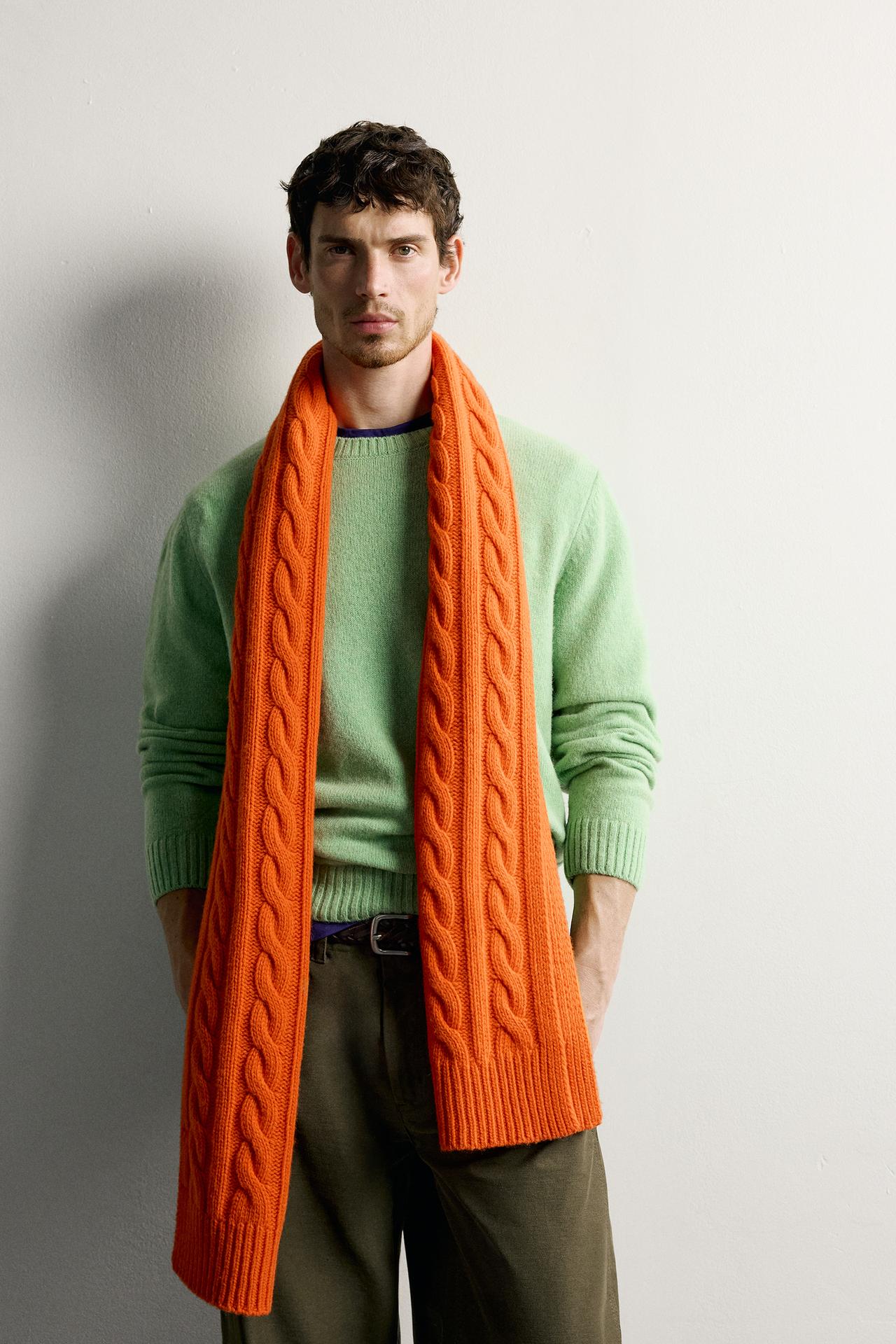 WOOL BLEND CABLE KNIT SCARF — Orange