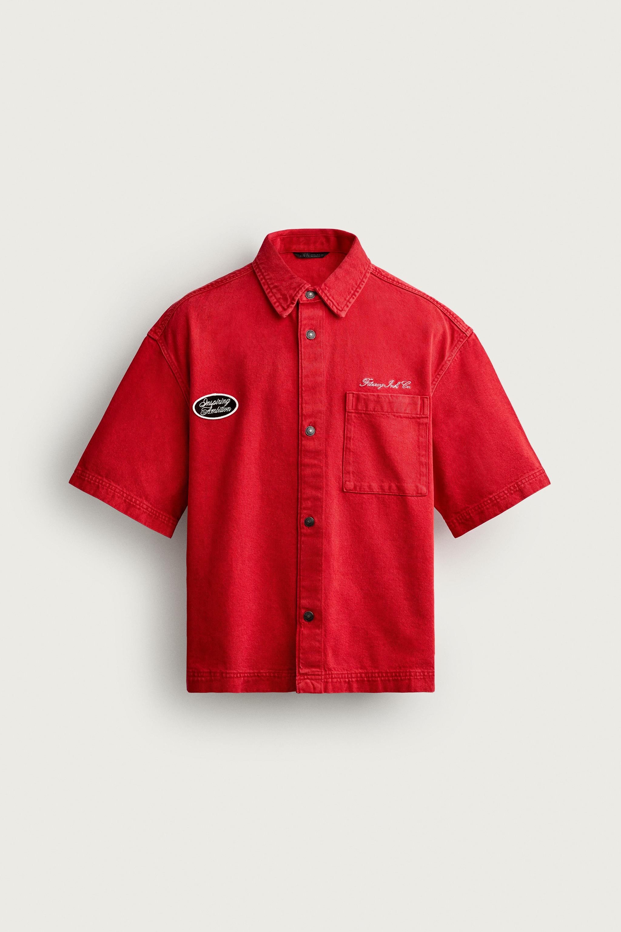 EMBROIDERED PATCH BOXY FIT OVERSHIRT — Red