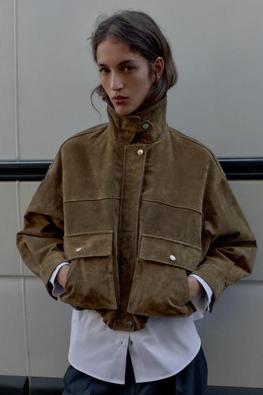 100% LEATHER BOMBER JACKET - Khaki by Zara - Image 4