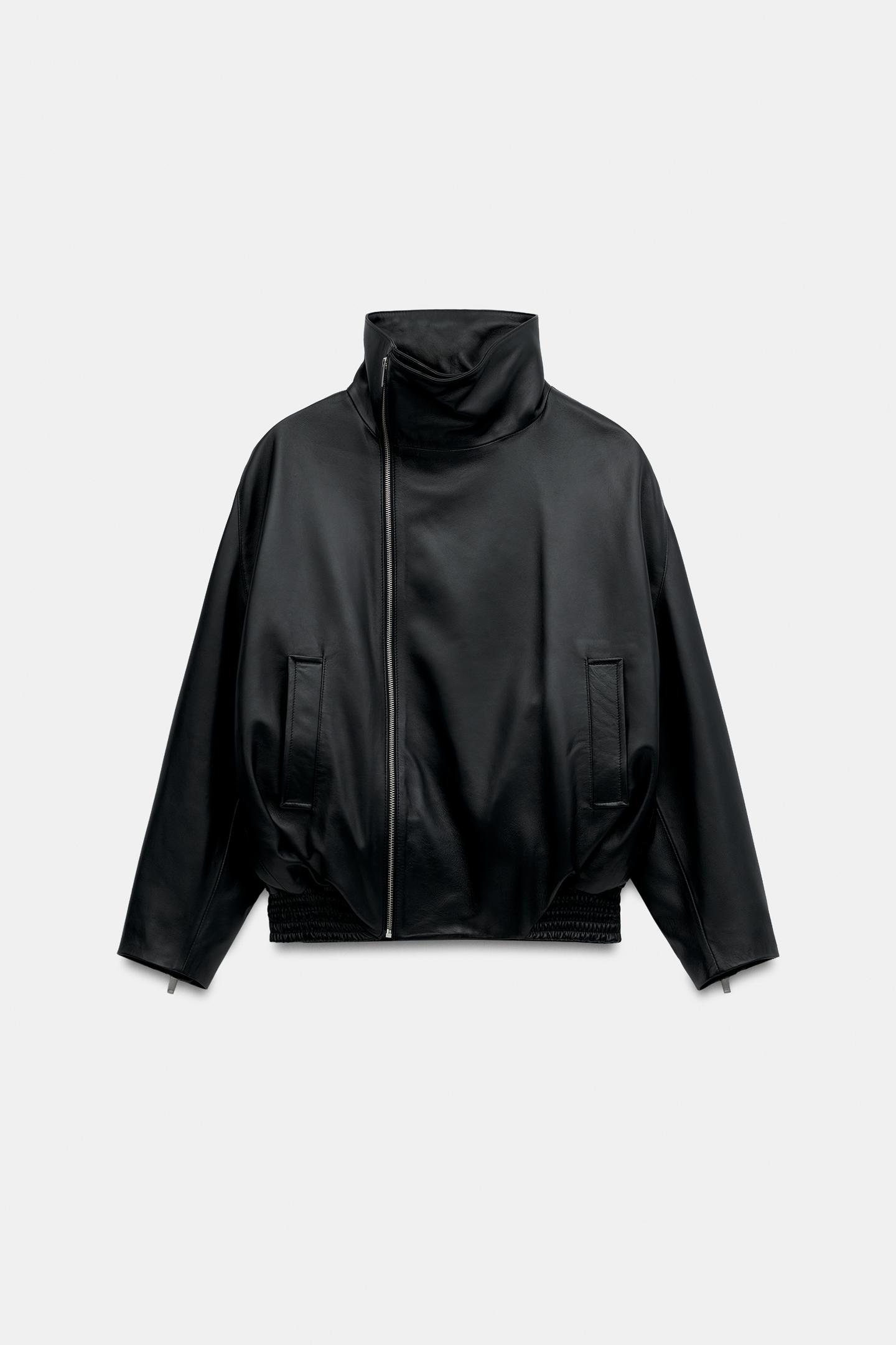 Женская куртка Zara 100% Leather Zip-Up Jacket ZW Collection, цвет: Чёрный — фото 5