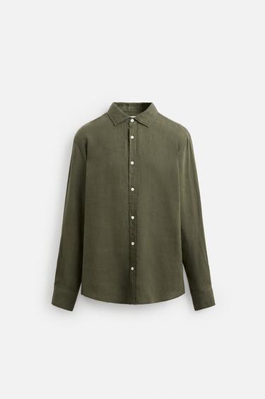 100% LINEN SHIRT - Dark olive by Zara