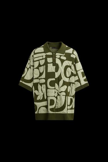 Zara CONTRAST JACQUARD KNIT POLO SHIRT - Greens - Image 0