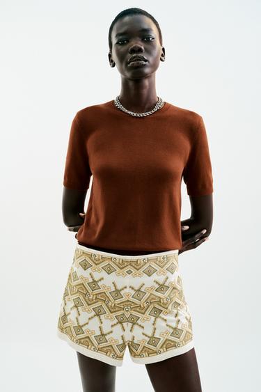 BASIC PLAIN KNIT SHORT SLEEVE TOP - Light brown by Zara